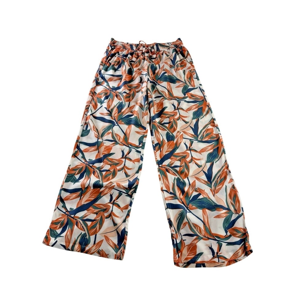 Serra Orange and Blue Palm Print Elastic Tie Waist Wide Leg Pants Size M